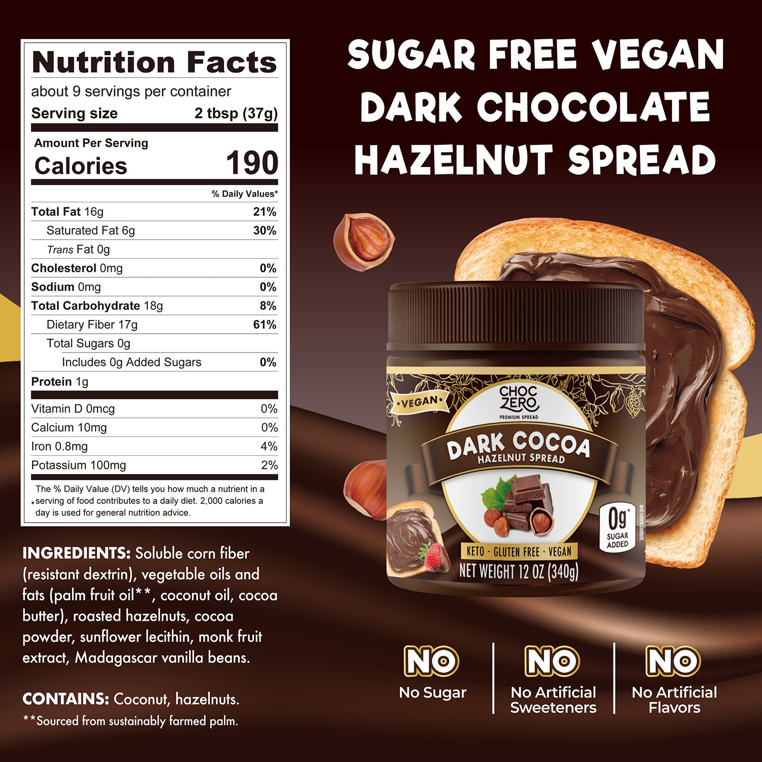 Dark Chocolate Vegan Hazelnut Spread - Low Carb, No Added Sugar