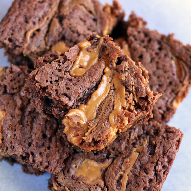Close-up of cookie butter brownies with swirled speculoos cookie butter, sugar free, gluten free