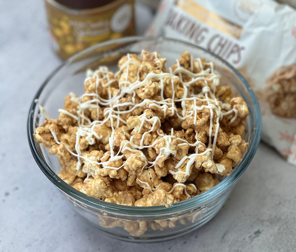 Gluten Free White Chocolate Popcorn with Cookie Butter