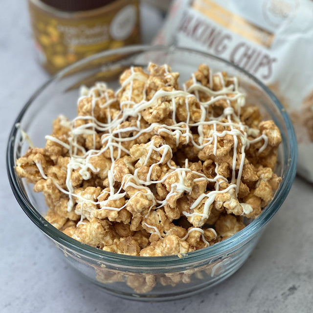 Gluten Free White Chocolate Popcorn with Cookie Butter